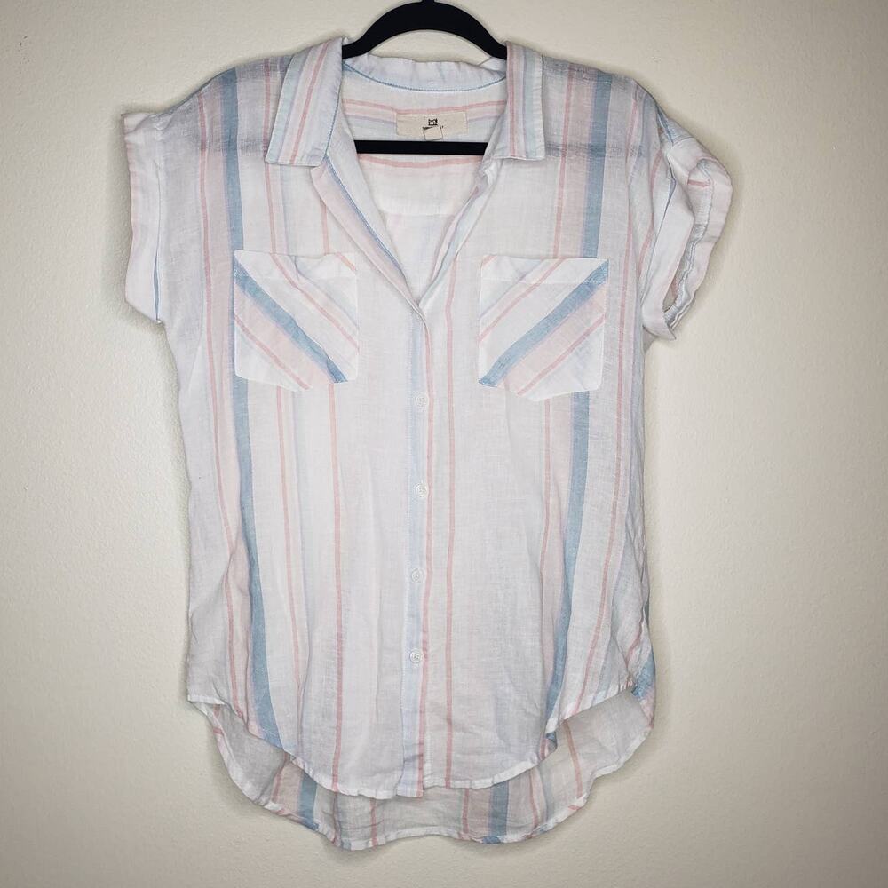 Thread & Supply| Blue Striped Button Down Linen Blouse